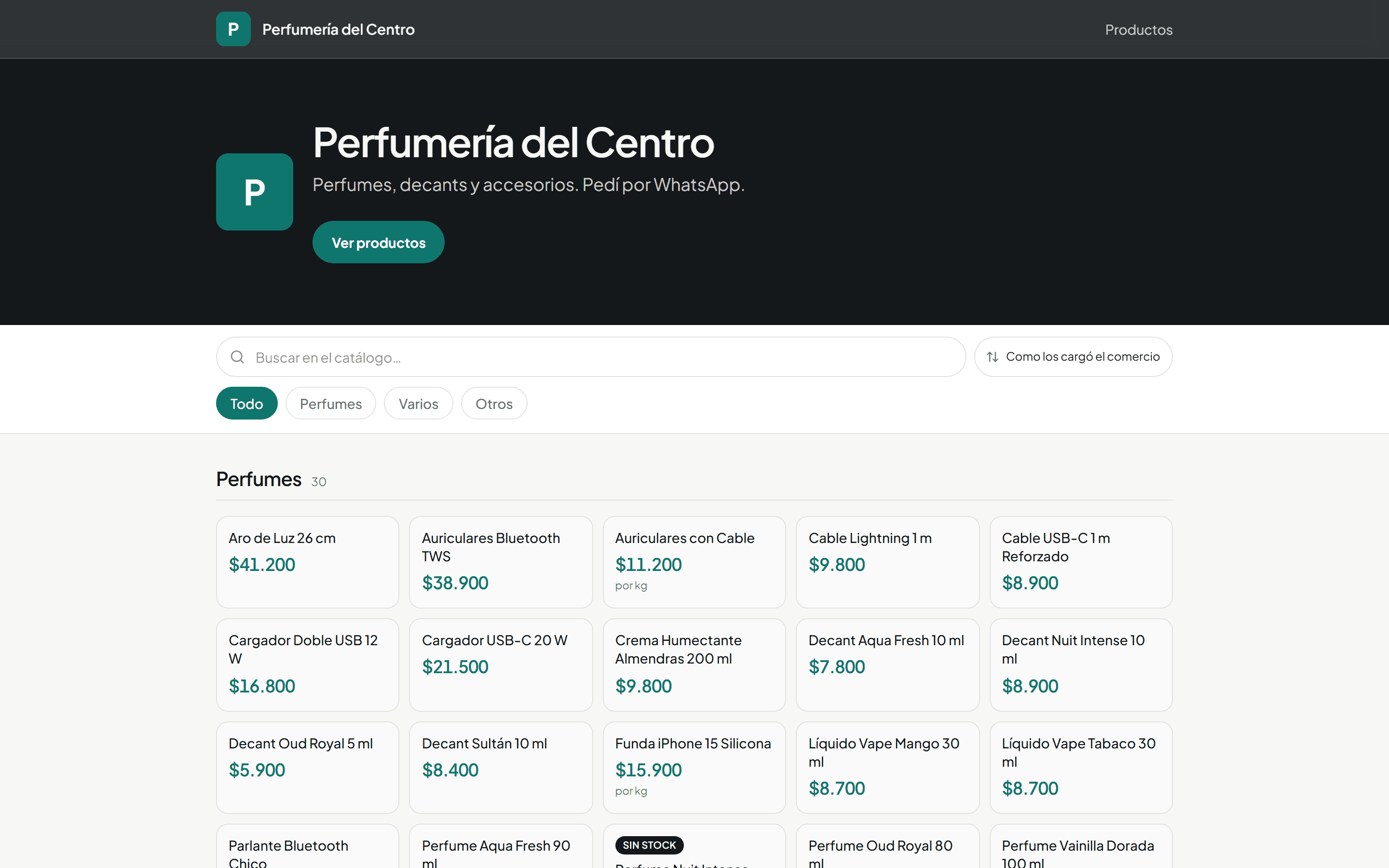 La tienda online del comercio con su catálogo y el pedido por WhatsApp